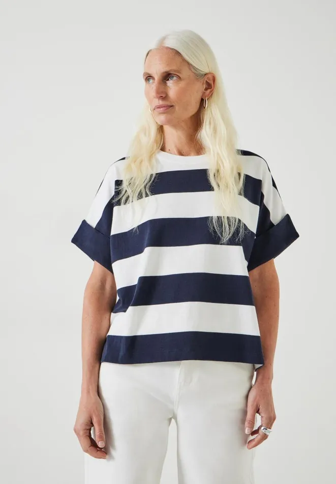 Hush Tops and Tshirts Women Sutton Stripe Boxy TShirt White