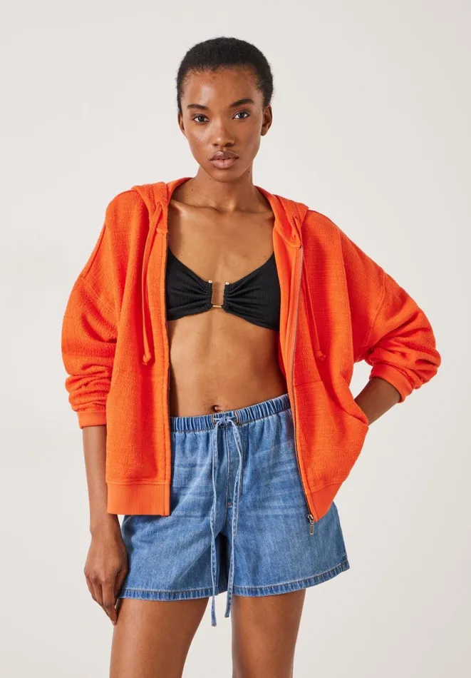 Hush Tops and Tshirts Women Tania Textured Zip Hoodie Bright Orange