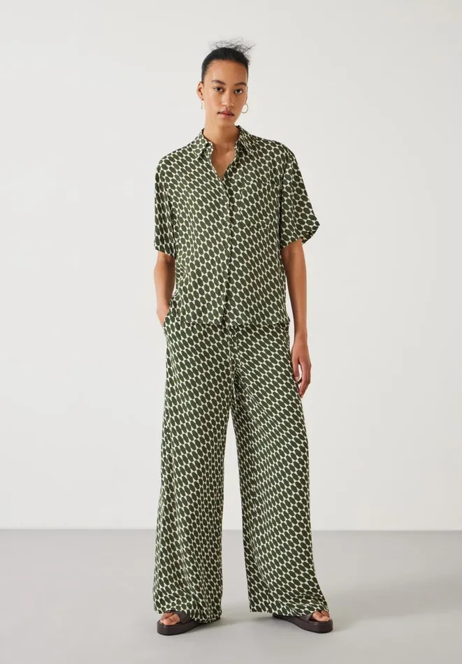 Hush Trousers Women Norah Relaxed Printed Wide Leg Trousers Geo Khaki