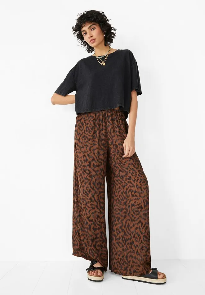 Hush Trousers Women Satin Printed Wide Trousers Abstract Ikat Brown
