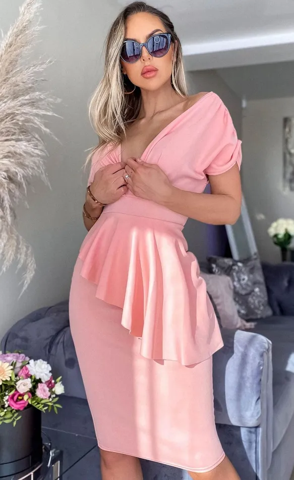 Keira Dusty Pink Side Frill Overlay Bodycon Dress Women Missfiga Midi Dresses