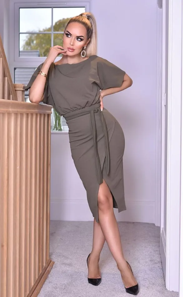 Khaki Judith Wrap Front Batwing Dress Women Missfiga Wrap Dresses