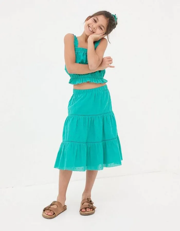 Kids FatFace Dresses and Skirts Broderie Skirt and Top Set Teal Green