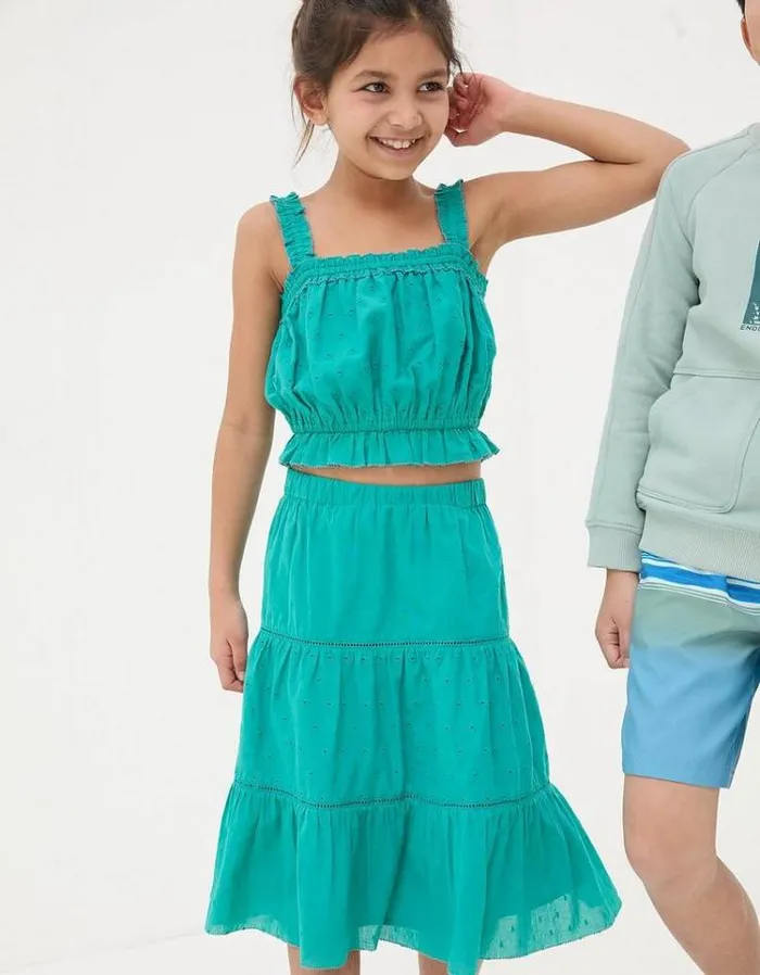 Kids FatFace Dresses and Skirts Broderie Skirt and Top Set Teal Green