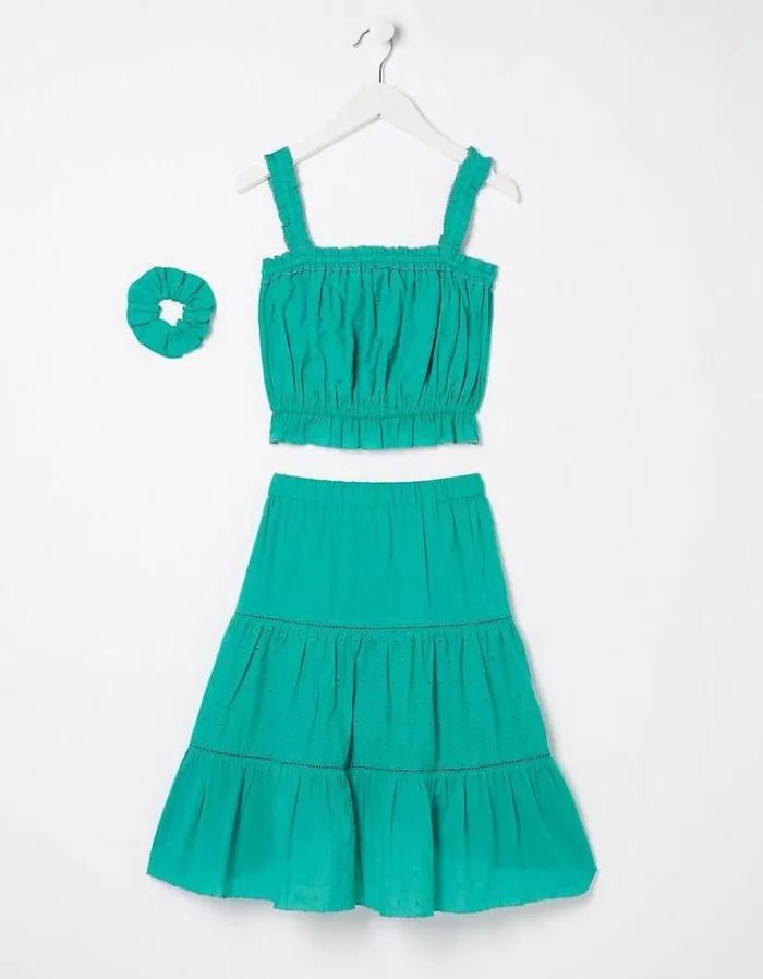 Kids FatFace Dresses and Skirts Broderie Skirt and Top Set Teal Green