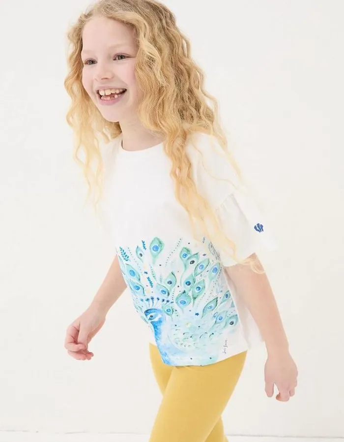 Kids FatFace Tops and TShirts Peacock Jersey Graphic T Shirt Natural White