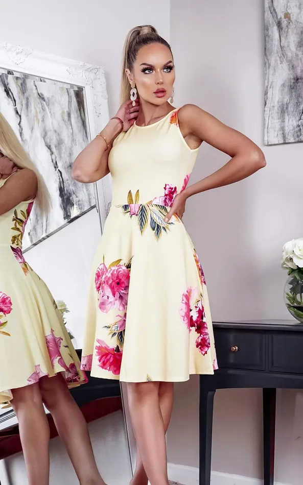 Kiran Yellow Floral Sleeveless Skater Dress Women Missfiga Skater Dresses