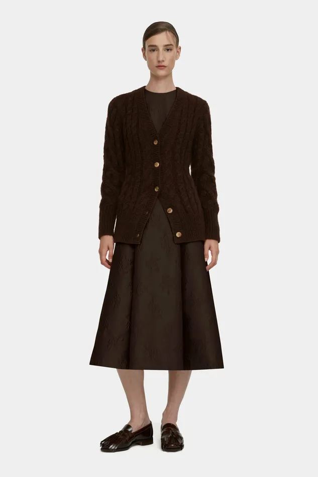 Knitwear Ross Cable Knit Cardigan in Chocolate Mohair 8211 Emilia Wickstead Women Knitwear Ross Cable Knit Cardigan in Chocolate Mohair 8211 Emilia Wickstead Women