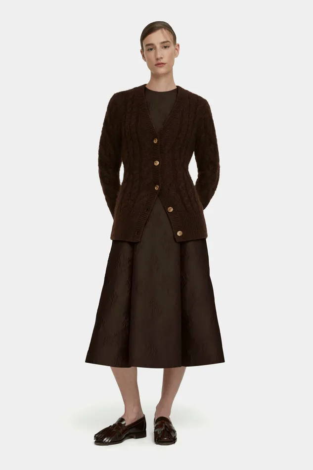 Knitwear Ross Cable Knit Cardigan in Chocolate Mohair 8211 Emilia Wickstead Women Knitwear Ross Cable Knit Cardigan in Chocolate Mohair 8211 Emilia Wickstead Women