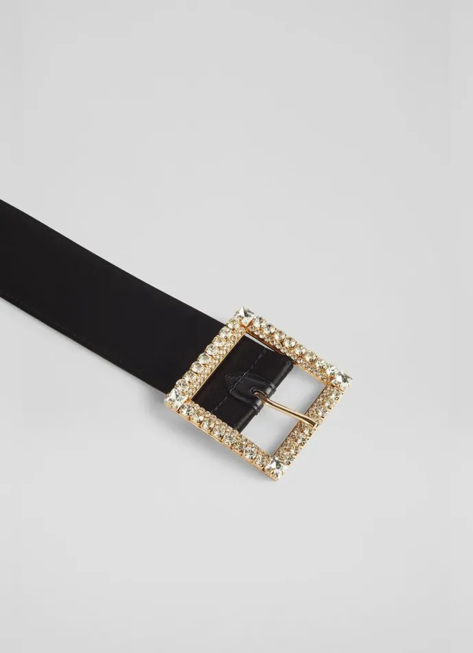 LKBennett Belts Women Polly Black Satin Crystal Buckle Belt LKBennett Belts Women Polly Black Satin Crystal Buckle Belt