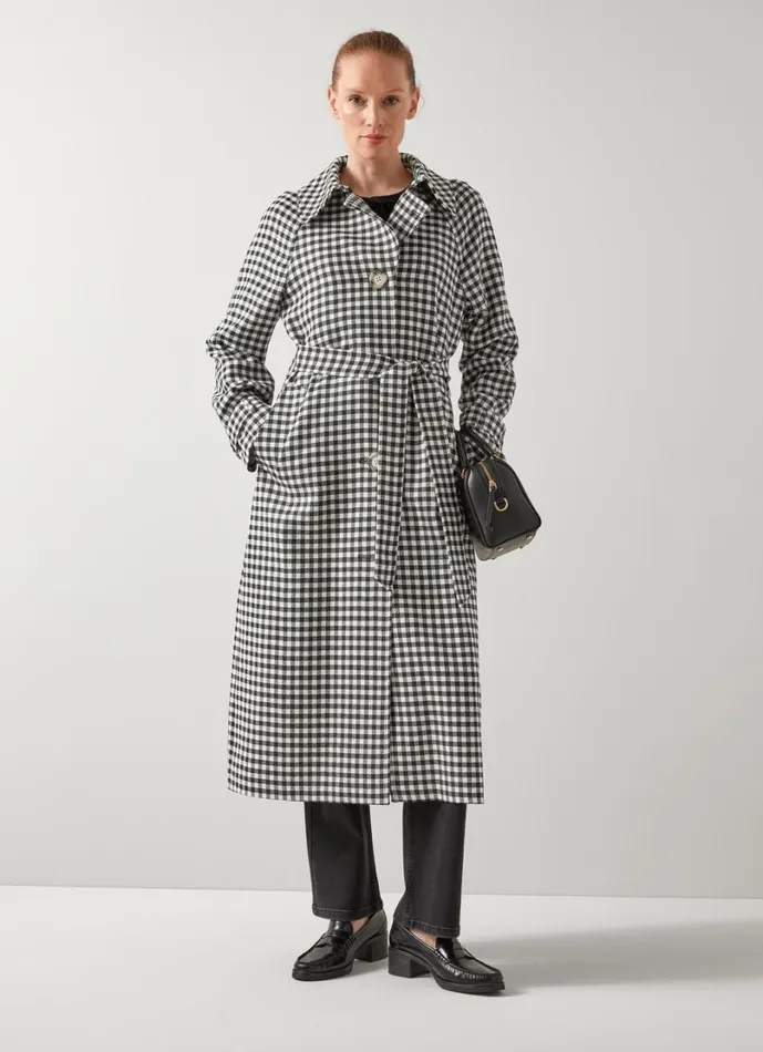 LKBennett Coats and Jackets Women Alexa Black and Cream Gingham Virgin Wool Trench