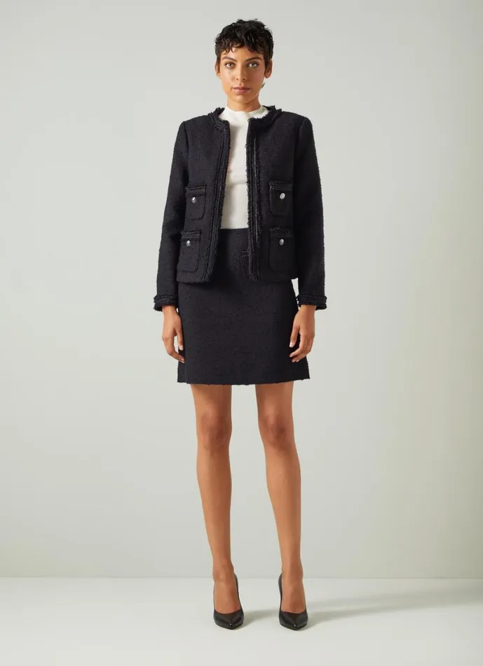 LKBennett Coats and Jackets Women Charlie Black Tweed Recycled Cotton Trim Jacket LKBennett Coats and Jackets Women Charlie Black Tweed Recycled Cotton Trim Jacket
