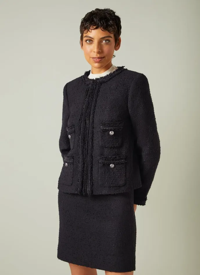 LKBennett Coats and Jackets Women Charlie Black Tweed Recycled Cotton Trim Jacket LKBennett Coats and Jackets Women Charlie Black Tweed Recycled Cotton Trim Jacket