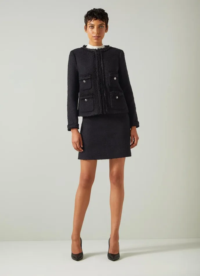 LKBennett Coats and Jackets Women Charlie Black Tweed Recycled Cotton Trim Jacket LKBennett Coats and Jackets Women Charlie Black Tweed Recycled Cotton Trim Jacket