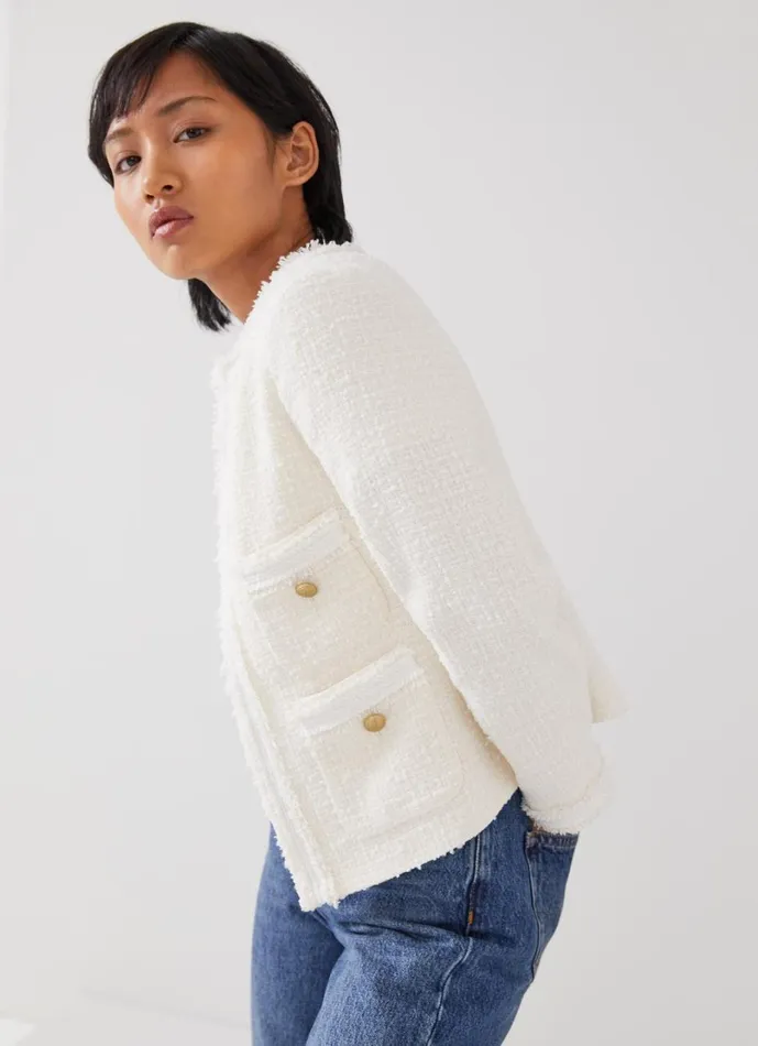 LKBennett Coats and Jackets Women Charlie Petite Ivory Recycled Cotton Tweed Jacket LKBennett Coats and Jackets Women Charlie Petite Ivory Recycled Cotton Tweed Jacket