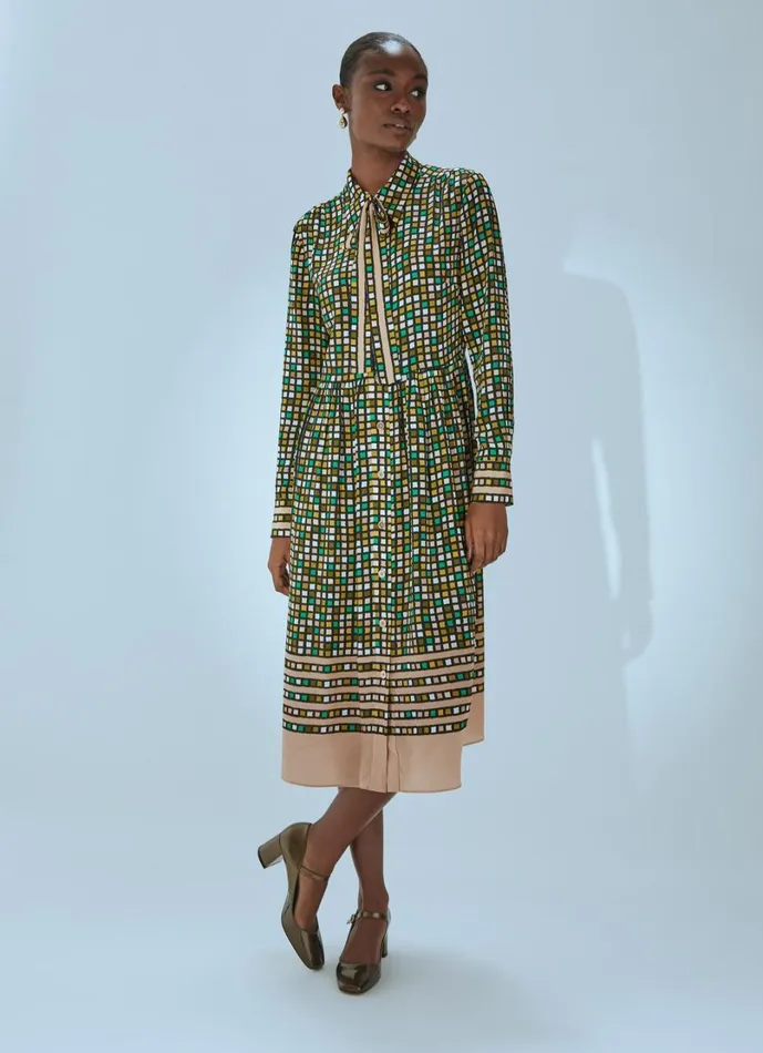 LKBennett Dresses Women Ethel Green And Beige Geometric Shirtdress