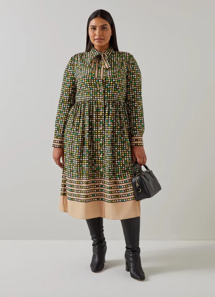 LKBennett Dresses Women Ethel Green And Beige Geometric Shirtdress