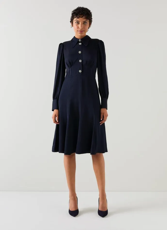 LKBennett Dresses Women Mira Navy Crepe Long Sleeve Tea Dress