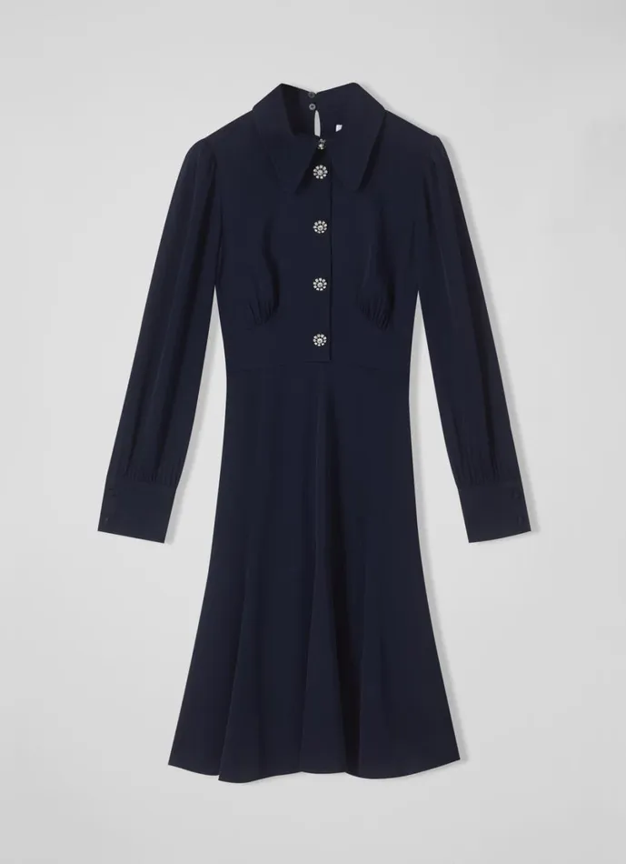LKBennett Dresses Women Mira Navy Crepe Long Sleeve Tea Dress LKBennett Dresses Women Mira Navy Crepe Long Sleeve Tea Dress