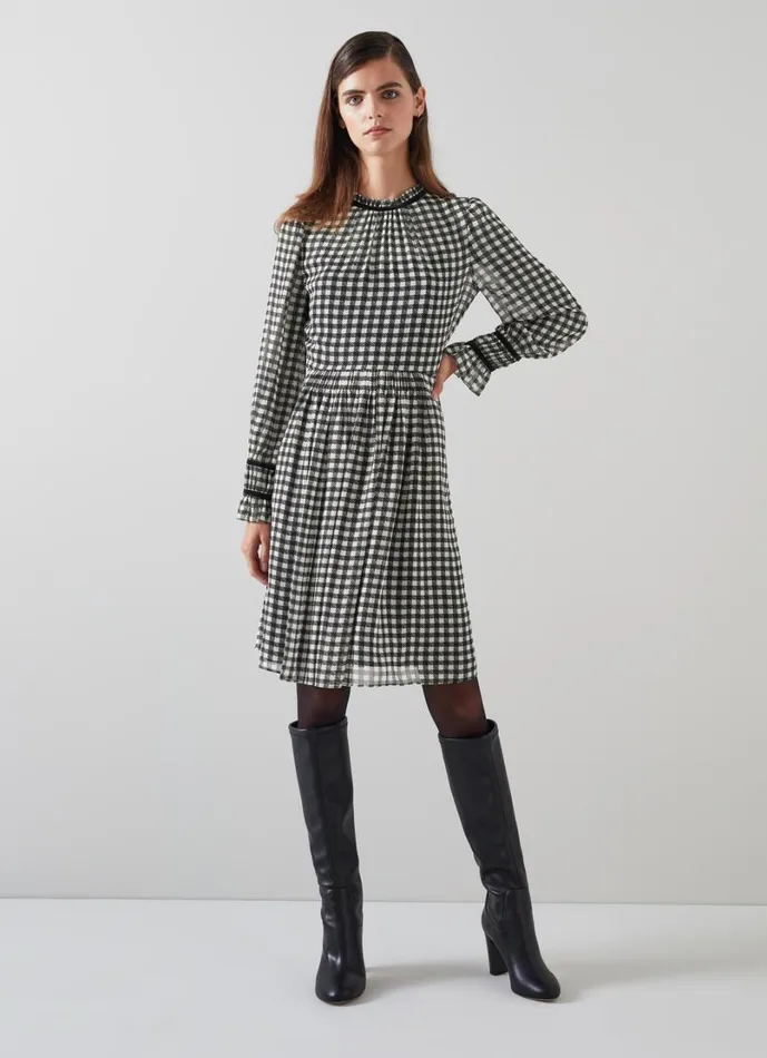 LKBennett Dresses Women Verity Black and Cream Gingham Printed Dress With Velvet Trim