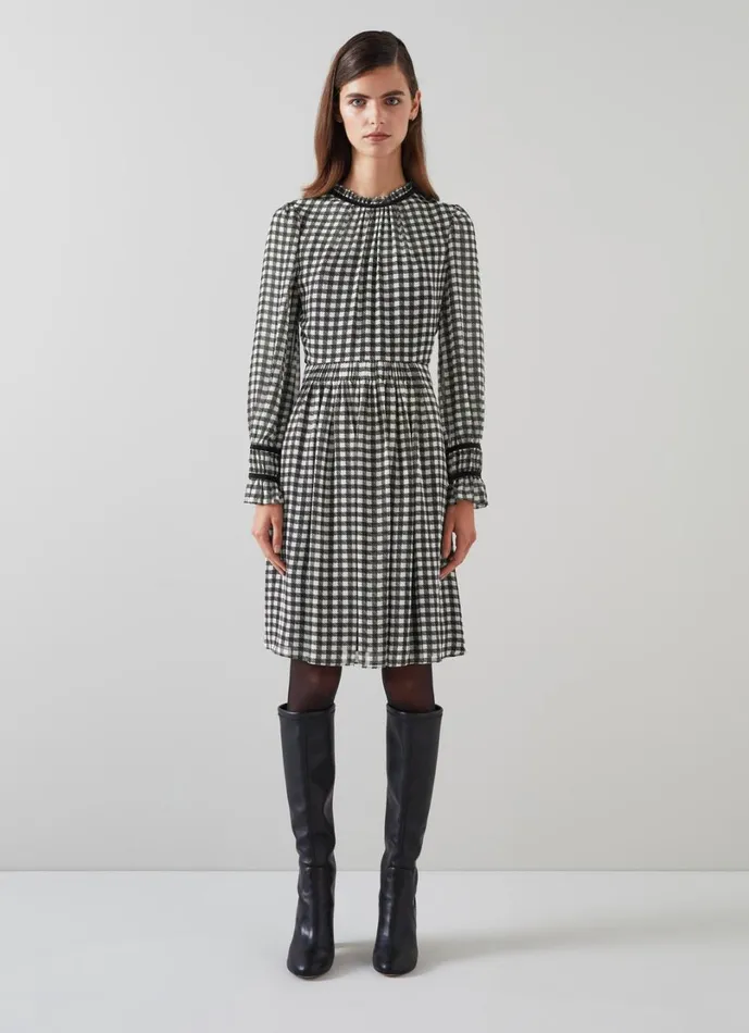 LKBennett Dresses Women Verity Black and Cream Gingham Printed Dress With Velvet Trim