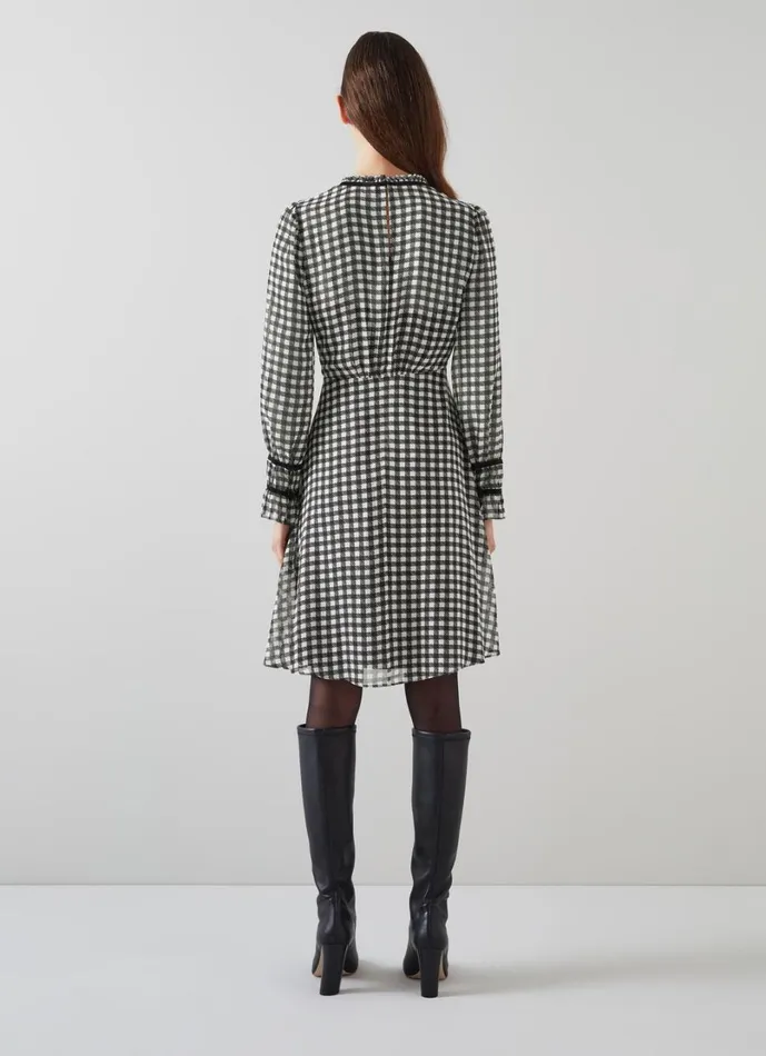LKBennett Dresses Women Verity Black and Cream Gingham Printed Dress With Velvet Trim
