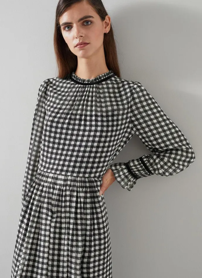 LKBennett Dresses Women Verity Black and Cream Gingham Printed Dress With Velvet Trim