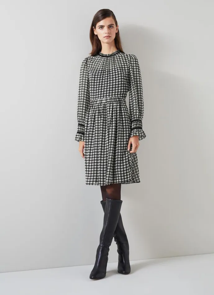 LKBennett Dresses Women Verity Black and Cream Gingham Printed Dress With Velvet Trim