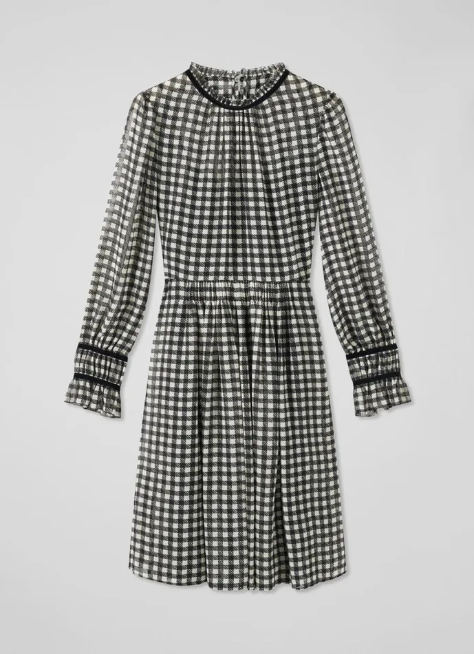LKBennett Dresses Women Verity Black and Cream Gingham Printed Dress With Velvet Trim