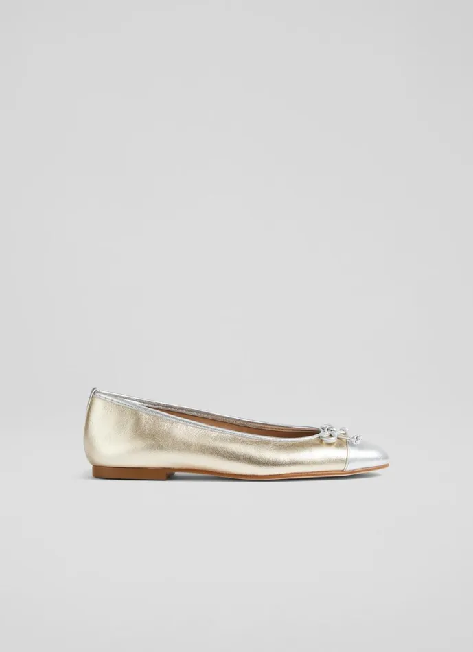 LKBennett Flats Women Kara Metallic Gold And Silver Leather Ballet Flats