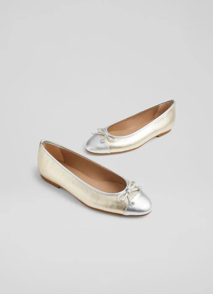 LKBennett Flats Women Kara Metallic Gold And Silver Leather Ballet Flats