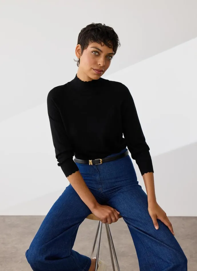 LKBennett Knitwear Women Betty Black Sustainably Sourced Merino Wool Scallop Edge Jumper LKBennett Knitwear Women Betty Black Sustainably Sourced Merino Wool Scallop Edge Jumper