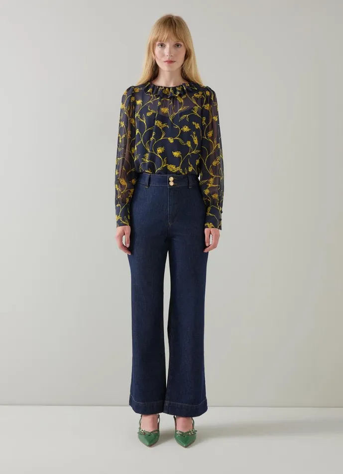LKBennett Tops Women Erin Spring Navy and Gold Floral Blouse