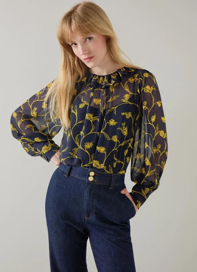 LKBennett Tops Women Erin Spring Navy and Gold Floral Blouse LKBennett Tops Women Erin Spring Navy and Gold Floral Blouse