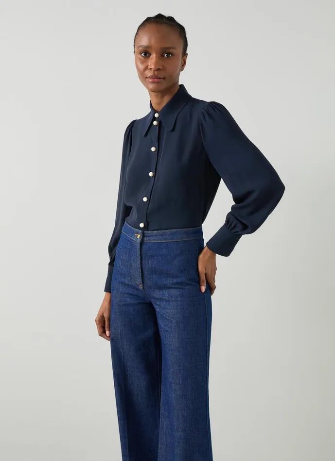 LKBennett Tops Women Sonya Navy Pearl Button Blouse