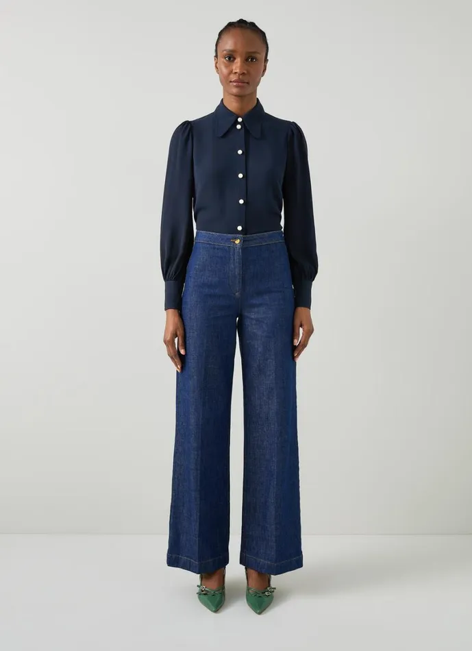 LKBennett Tops Women Sonya Navy Pearl Button Blouse