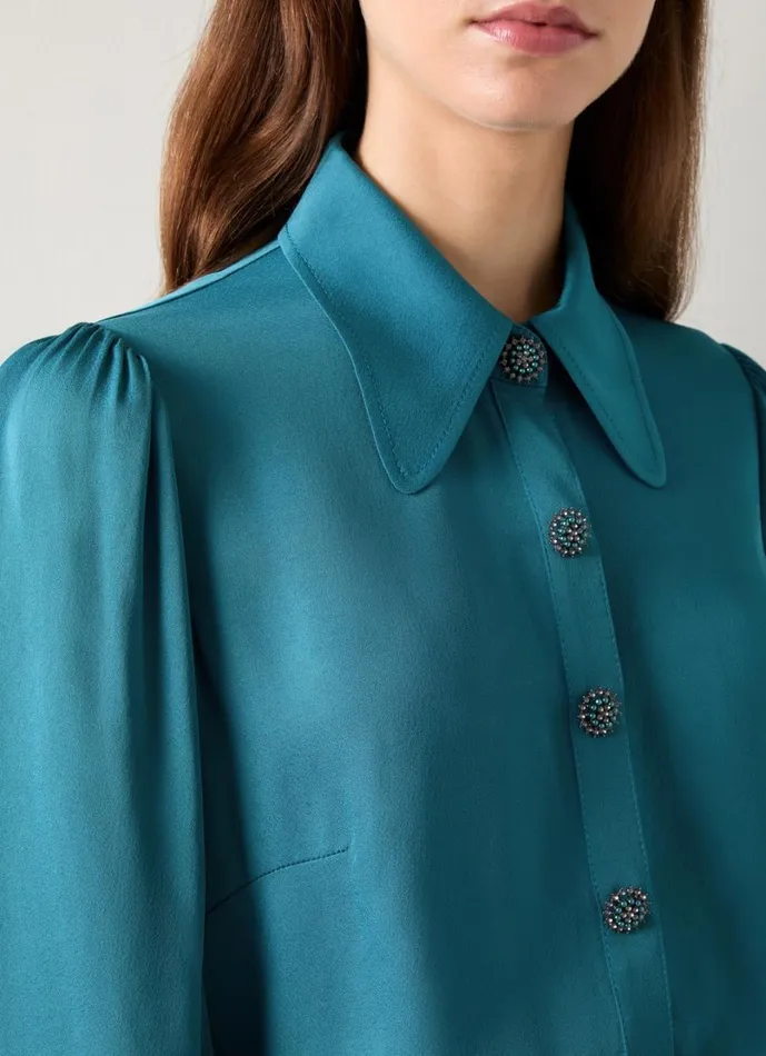 LKBennett Tops Women Sonya Teal Viscose Crepe Shirt With Sparkle Button