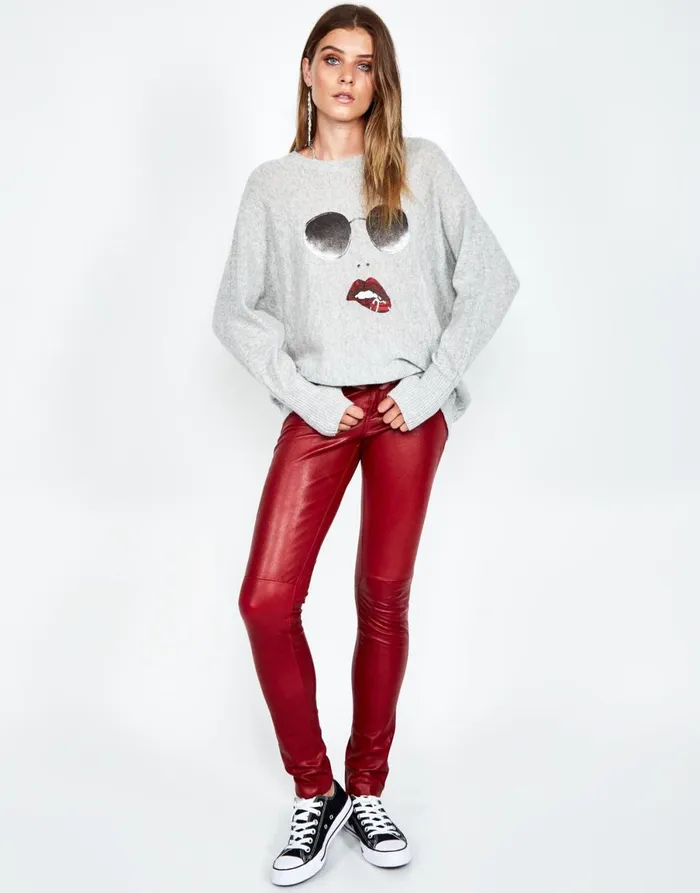 Ladona Pierced Biting Lip Face Heather Grey Women039s Lauren Moshi Sweaters and Knits
