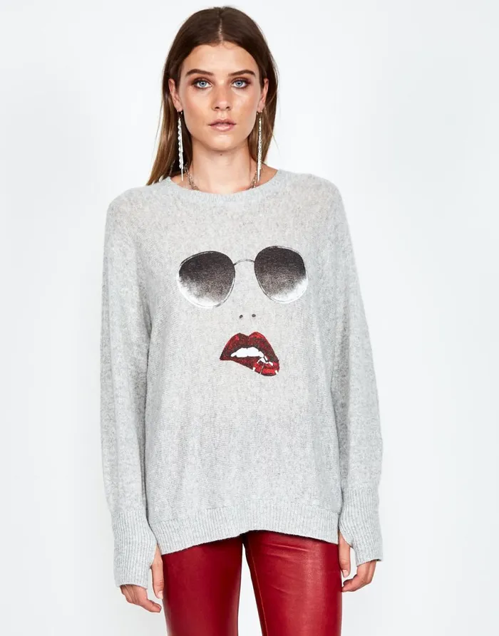 Ladona Pierced Biting Lip Face Heather Grey Women039s Lauren Moshi Sweaters and Knits