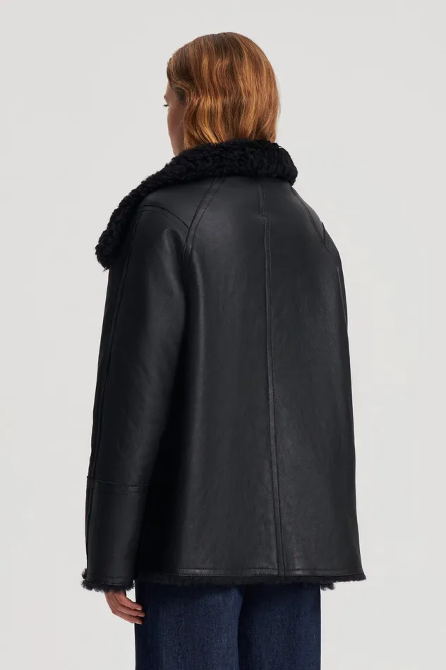Leather Scanlan Theodore Women SHEARLING TRAPEZE JACKET BLACK Leather Scanlan Theodore Women SHEARLING TRAPEZE JACKET BLACK