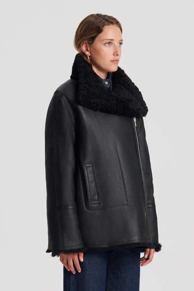 Leather Scanlan Theodore Women SHEARLING TRAPEZE JACKET BLACK Leather Scanlan Theodore Women SHEARLING TRAPEZE JACKET BLACK