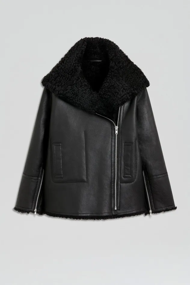 Leather Scanlan Theodore Women SHEARLING TRAPEZE JACKET BLACK Leather Scanlan Theodore Women SHEARLING TRAPEZE JACKET BLACK