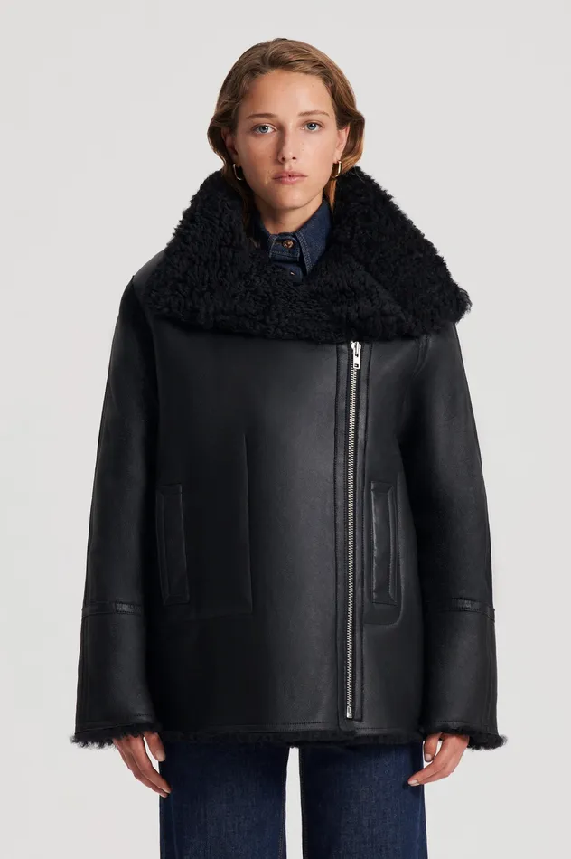 Leather Scanlan Theodore Women SHEARLING TRAPEZE JACKET BLACK Leather Scanlan Theodore Women SHEARLING TRAPEZE JACKET BLACK