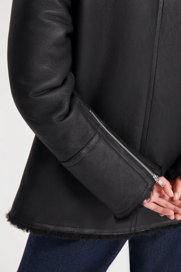 Leather Scanlan Theodore Women SHEARLING TRAPEZE JACKET BLACK Leather Scanlan Theodore Women SHEARLING TRAPEZE JACKET BLACK