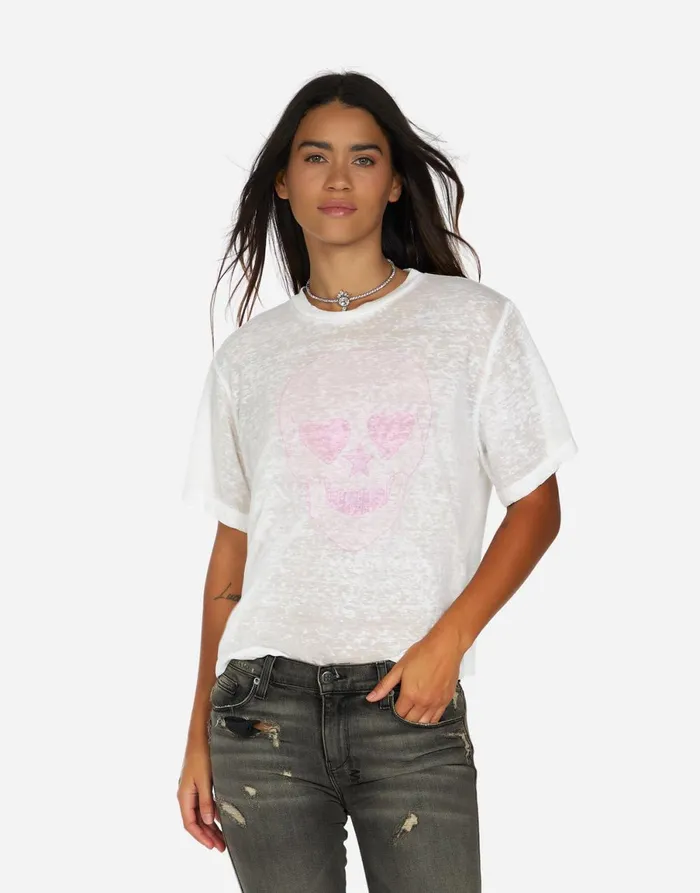 Linnea Pink Peace Love Skull White Burnout Women039s Lauren Moshi Short Sleeve