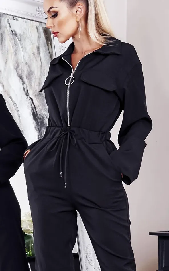 Malani Black Drawstring Utility Jumpsuit Women Missfiga Jumpsuits