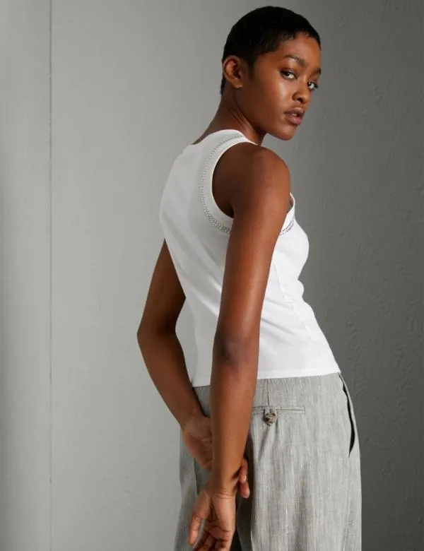 Marella Tops And TShirt Women Ribbed Top With Rhinestones Optical White