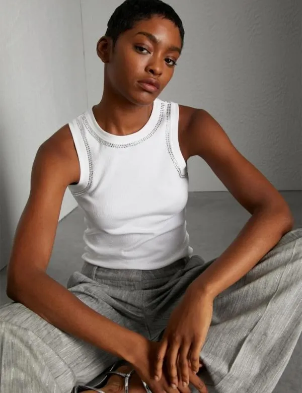 Marella Tops And TShirt Women Ribbed Top With Rhinestones Optical White