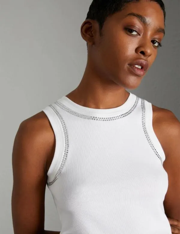 Marella Tops And TShirt Women Ribbed Top With Rhinestones Optical White