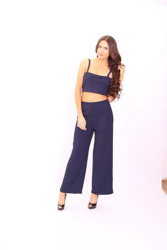 Meghan Navy Crop Top Flared Trouser CoOrd Set Women Missfiga CoOrds